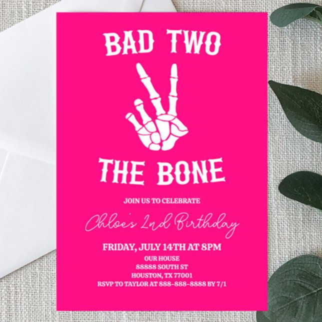 Pink Bad Two The Bone Skeleton 2nd Birthday Party Invitation (Creator Uploaded)