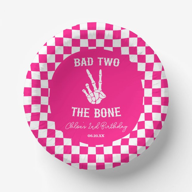 Pink Bad Two The Bone Skeleton 2nd Birthday Party Paper Plate (Front)
