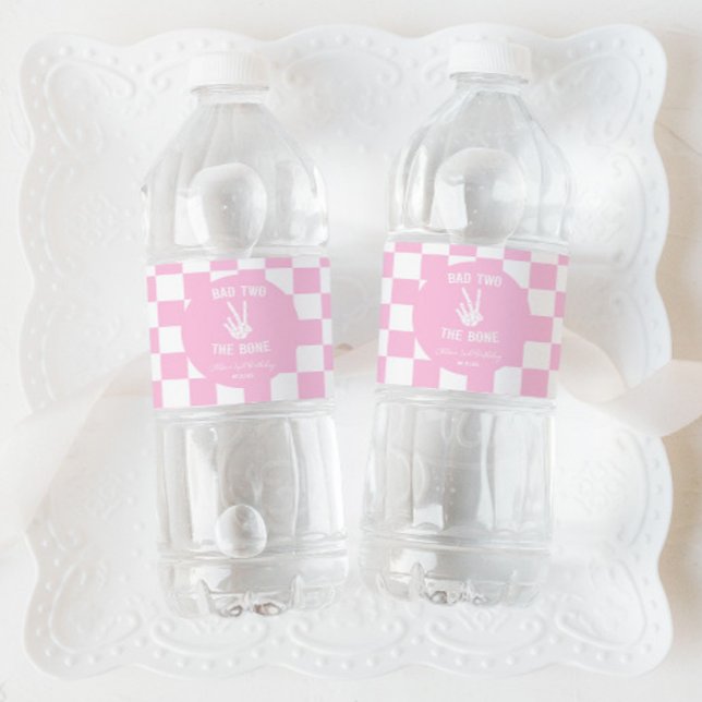 Pink Bad Two The Bone Skeleton 2nd Birthday Party Water Bottle Label (Creator Uploaded)