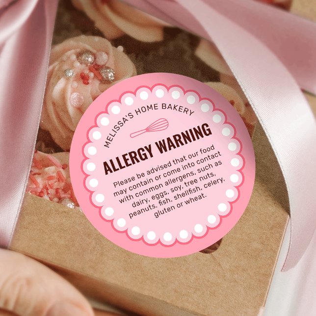 Pink Bakery Food Safety Allergens Alert Warning Classic Round Sticker (feminine blush pink allergy warning food labels with retro frame motif)