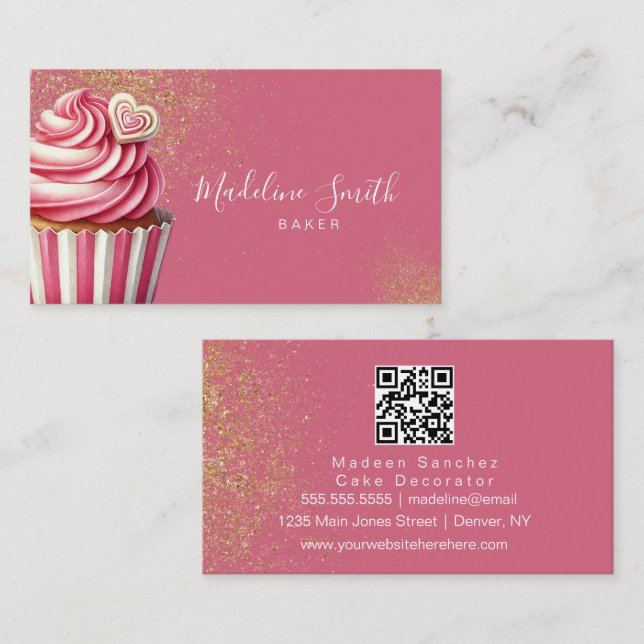 Pink Bakery Glitter Cupcakes Barcode Business Card (Front/Back)