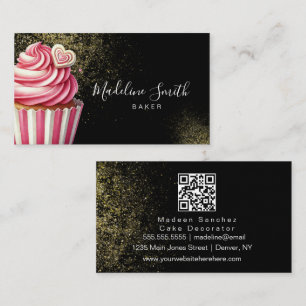 Pink Bakery Glitter Cupcakes QR Code Black Business Card