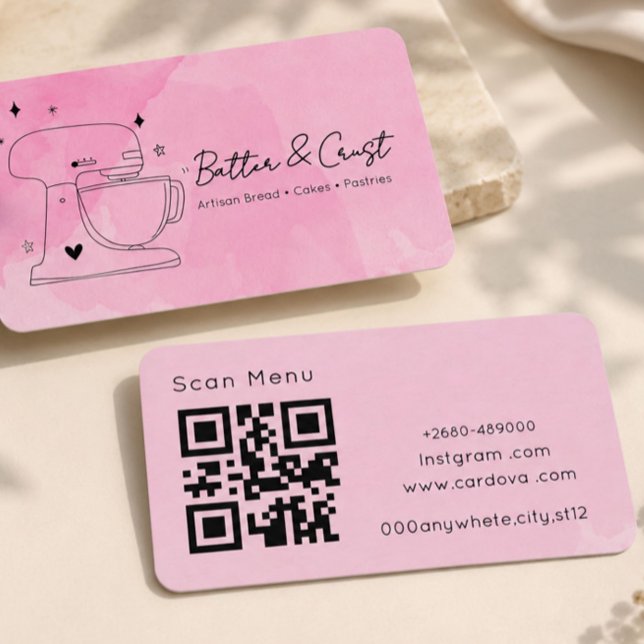 Pink Bakery QR Code Business Card | Watercolor Bak (Creator Uploaded)