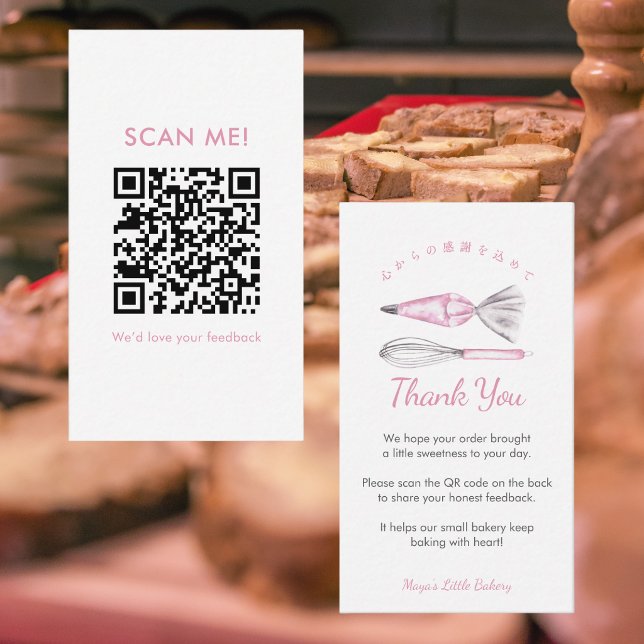 Pink Baking Utensils Bakery Leave a Review QR Code Business Card (Creator Uploaded)