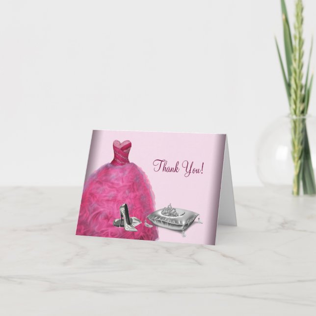 Pink Ball Gown High Heels Tiara Thank You Cards (Front)