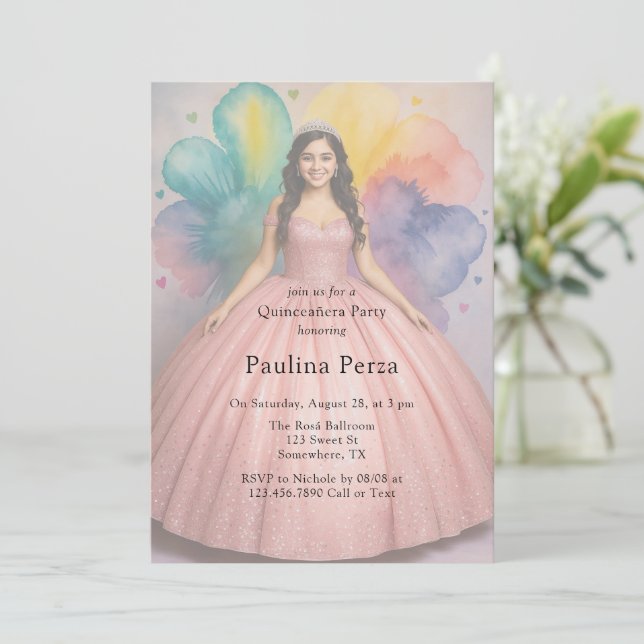 Pink Ball Gown Photo Quinceañera Party Invitation (Standing Front)