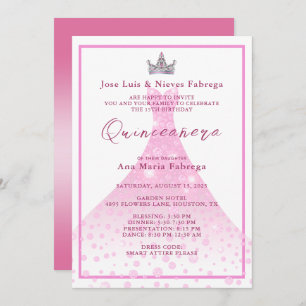 Pink Ball Gown & Tiara Quinceañera Birthday Invitation