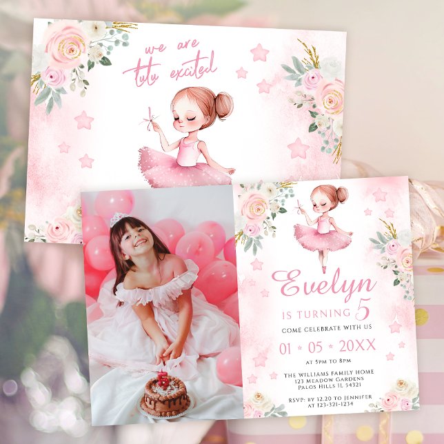 Pink ballerina birthday girl photo invitation (Creator Uploaded)