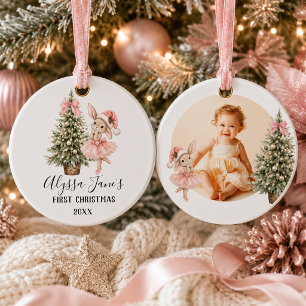 Pink Ballerina Bunny Girl First Christmas Photo Ceramic Tree Decoration
