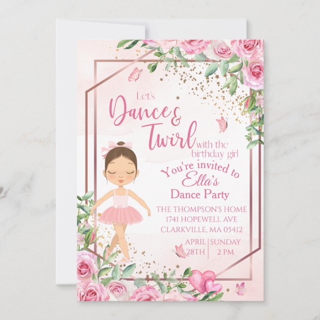 Pink Ballerina, Dance, Ballet birthday invitation (Front)
