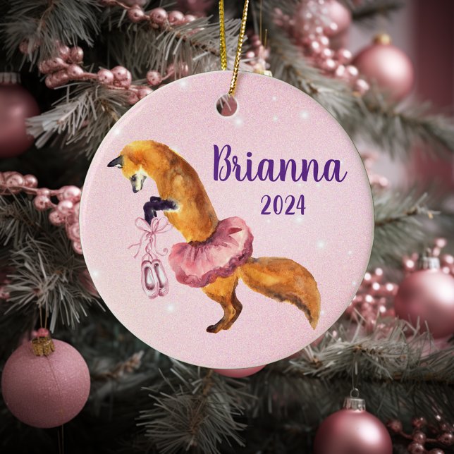 Pink Ballerina Fox Personalised name  Ceramic Tree Decoration (Creator Uploaded)