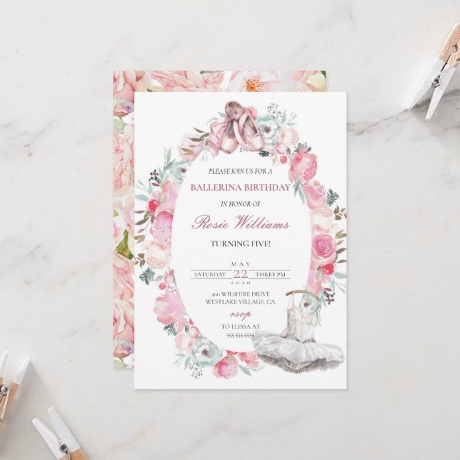 Pink Ballerina Girl Birthday Invitation (Front/Back In Situ)