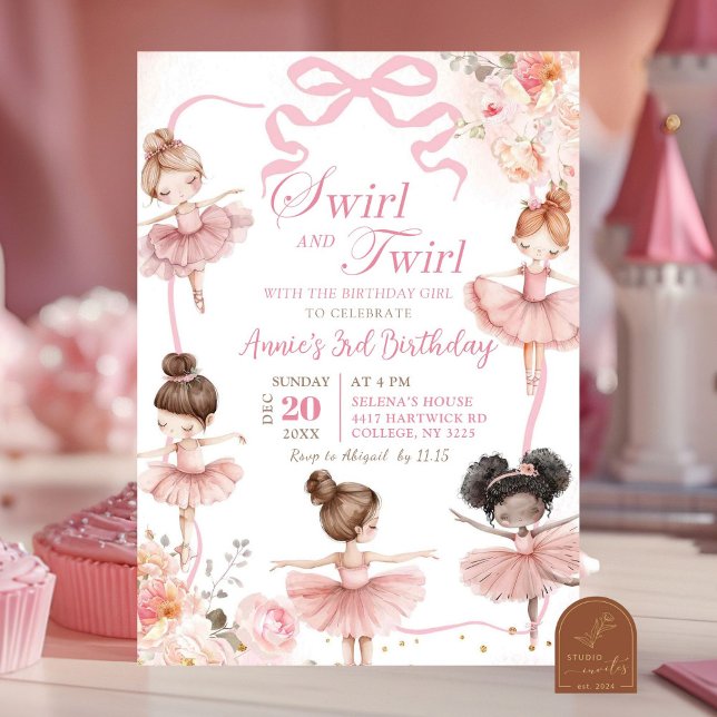 Pink Ballerina Swirl and Twirl Birthday Invitation (Creator Uploaded)