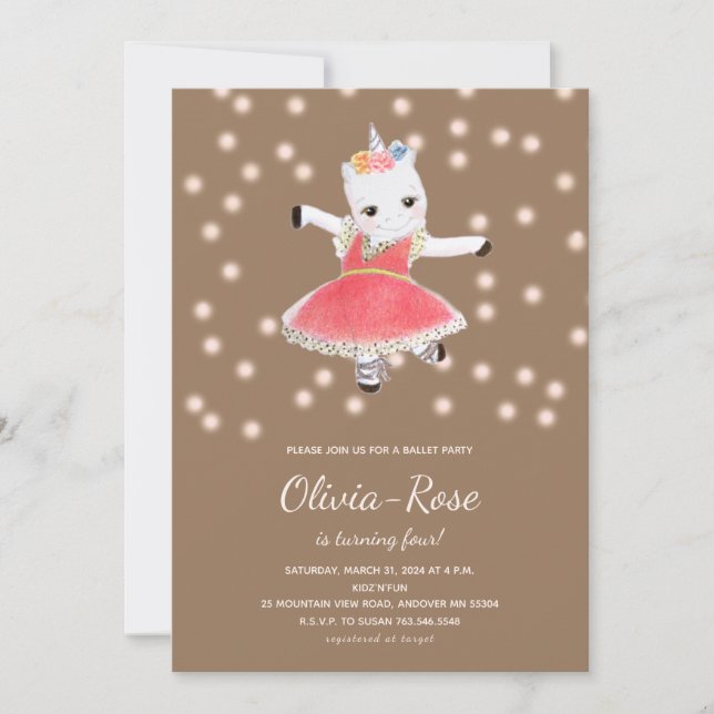 Pink Ballerina Unicorn Girl Birthday Invitation (Front)