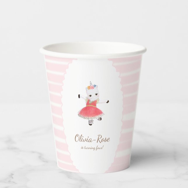 Pink Ballerina Unicorn Girl Birthday Party   Paper Cups (Front)