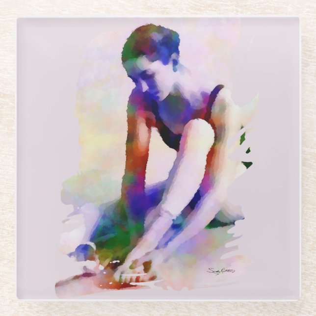 Pink Ballerina Watercolor Contemporary Art Glass Coaster (Front)
