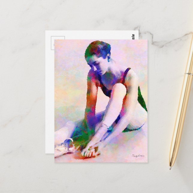 Pink Ballerina Watercolor Contemporary Art Postcard (Front/Back In Situ)