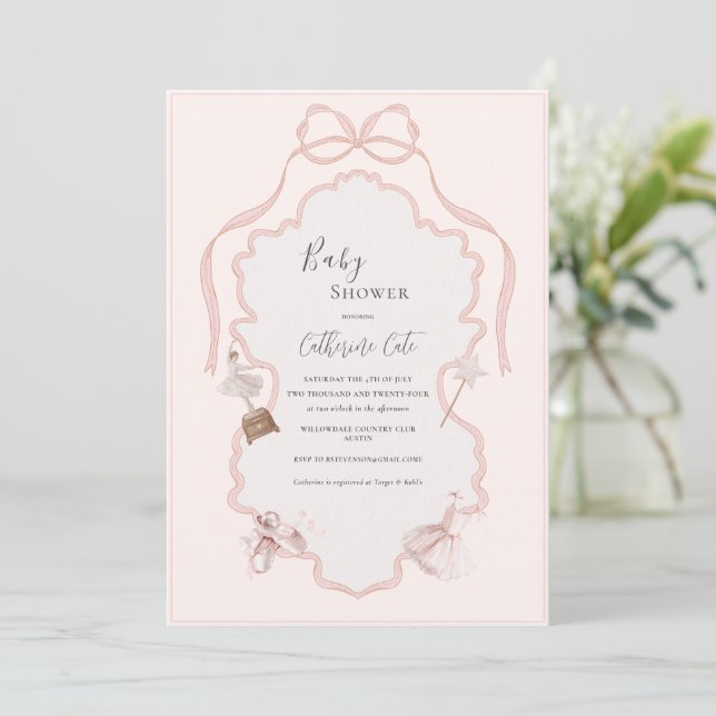 Pink Ballerina Whimsical Baby Shower  Invitation (Standing Front)
