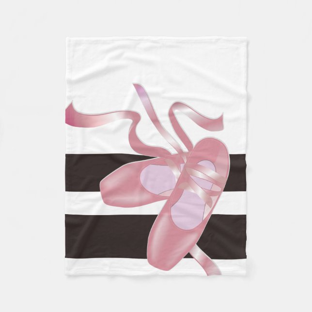 Pink Ballet Pointe Shoes, Black & White Stripes Fleece Blanket (Front)