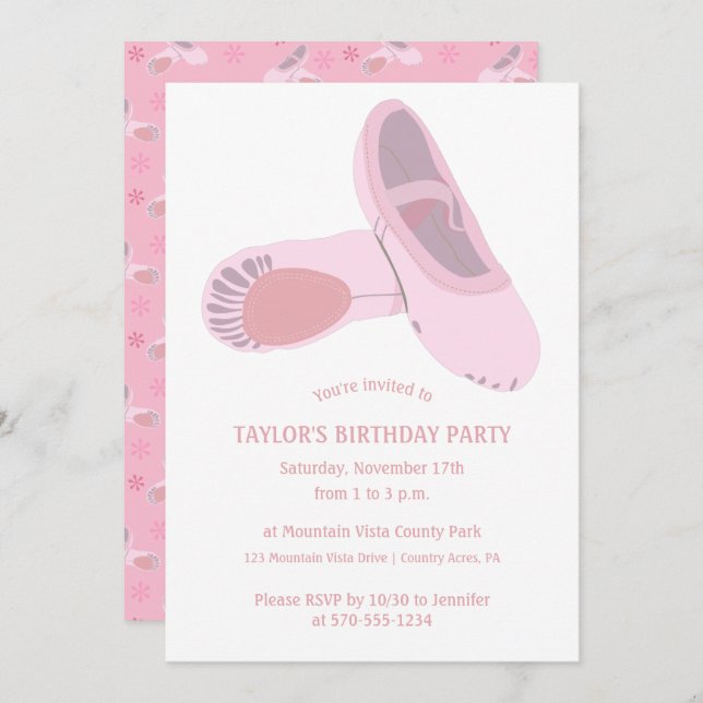 Pink Ballet Shoes on White Custom Birthday Party Invitation (Front/Back)