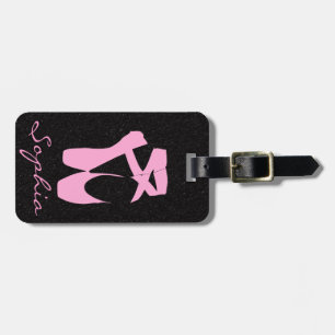 Pink Ballet Slippers on Black Glitter Luggage Tag