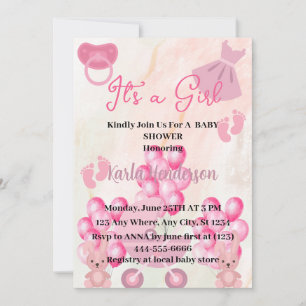 Pink Ballons Bunny Rabbit It's a Girl Baby Shower Invitation