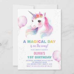Pink Ballons Unicorn Birthday Invitations