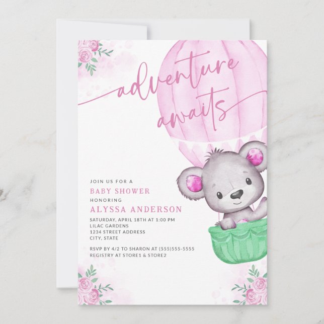 Pink Balloon Adventure Awaits Girl Baby Shower Invitation (Front)