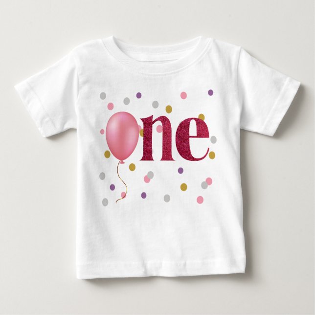 Pink Balloon and Confetti First Birthday Baby T-Shirt (Front)