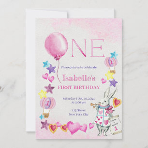 Pink Balloon Baby Birthday Watercolor Invitation
