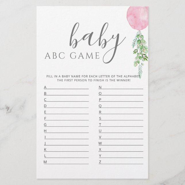 Pink Balloon Baby Shower Game ABC (Front)