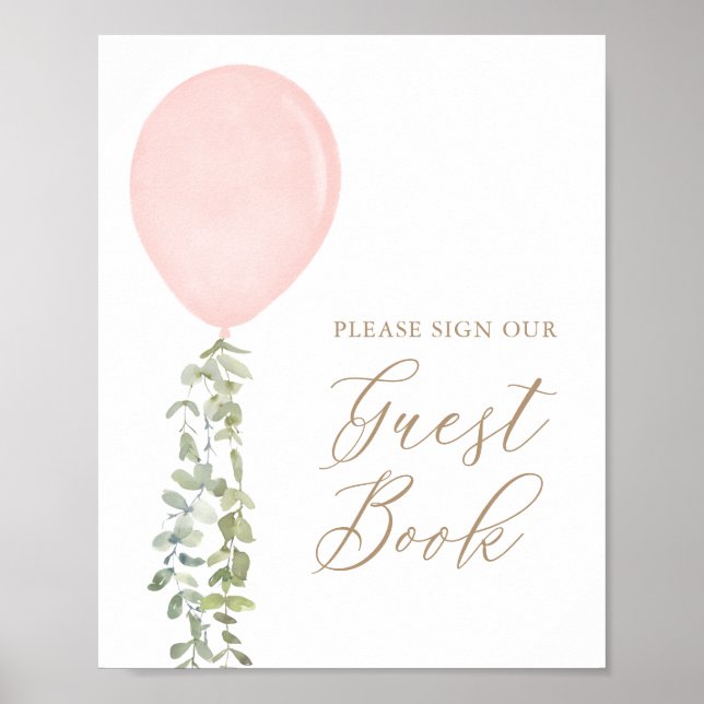 Pink Balloon Baby Shower Guest Book Sign (Front)