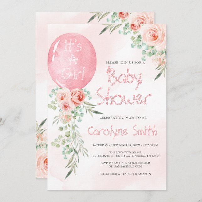 Pink Balloon Baby Shower Invitation (Front/Back)