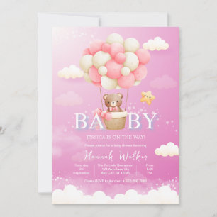 Pink Balloon Bear Baby Shower Invitation