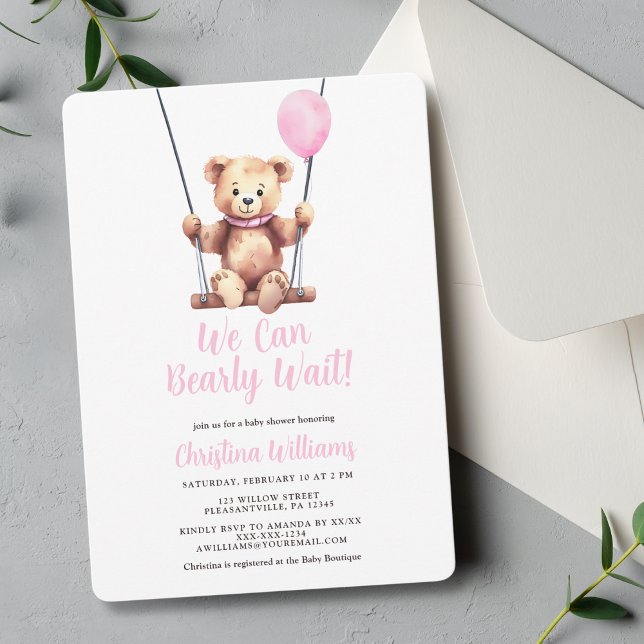 Pink Balloon Bear Girl Baby Shower Invitation (Creator Uploaded)