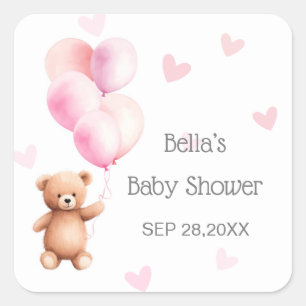 Pink Balloon Bear Heart Baby Shower Square Sticker