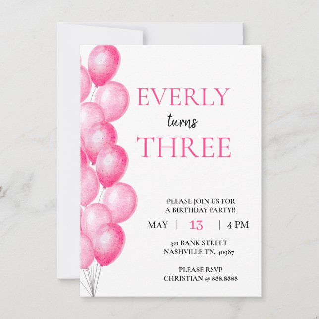 Pink Balloon Birthday Invitation (Front)