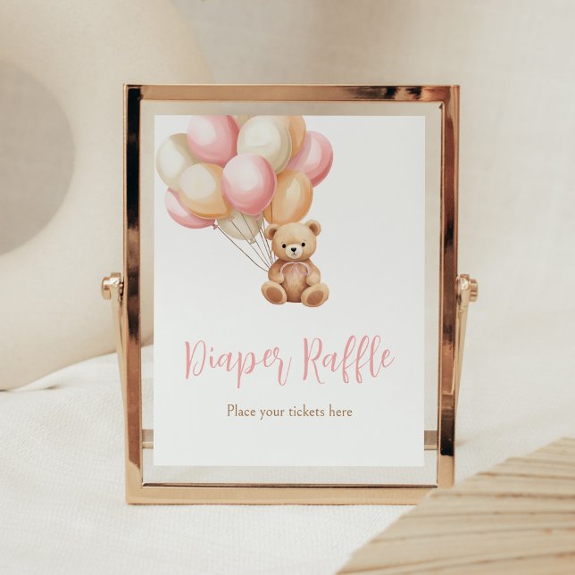 Pink Balloon Boho Bear Baby Shower Diaper Raffle Poster (We Can Bearly Wait Girl Baby Shower Diaper Raffle Sign)