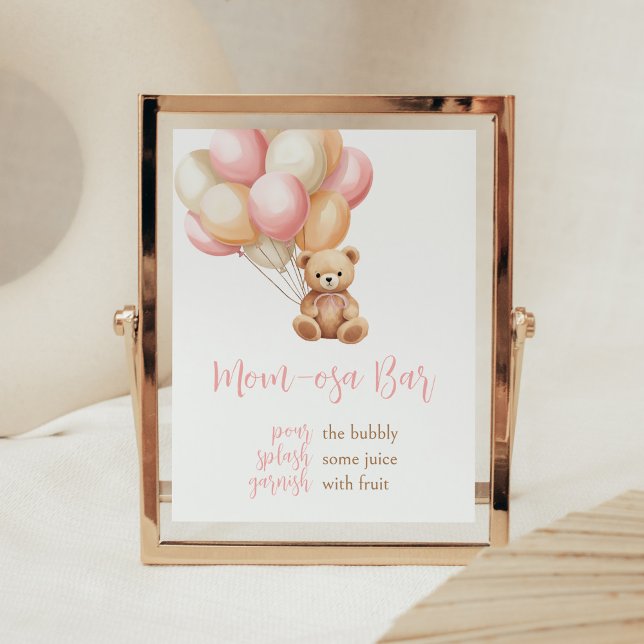 Pink Balloon Boho Bear Baby Shower Mum Osa Bar Poster (We Can Bearly Wait Girl Baby Shower Mom Osa Bar Sign)