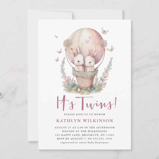 Pink Balloon Butterfly It’s Twins Girl Baby Shower Invitation (Front)