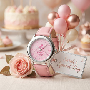Pink Balloon Celebration Custom Name Birthday Girl Watch