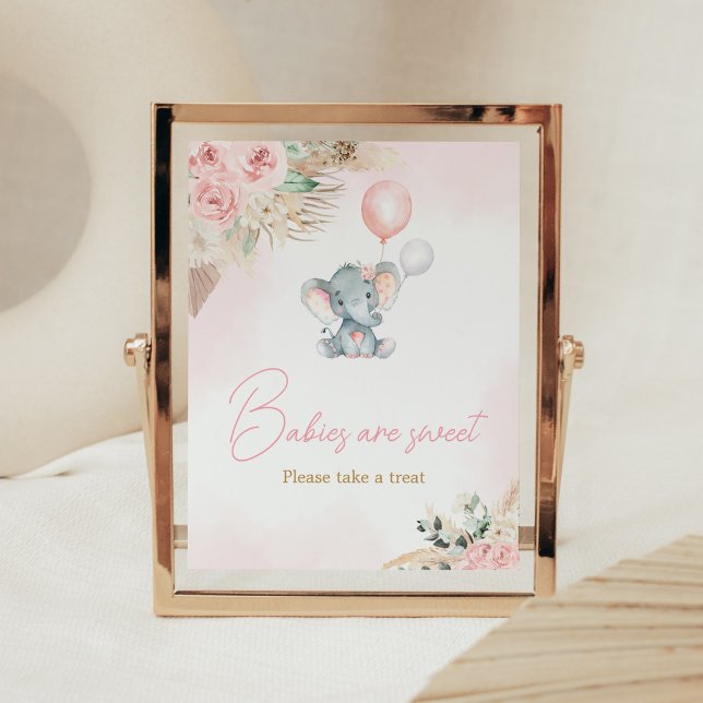 Pink Balloon Elephant Baby Shower Babies are Sweet Poster (Pink Floral Pampas Grass Elephant Baby Shower Babies are Sweet Sign)