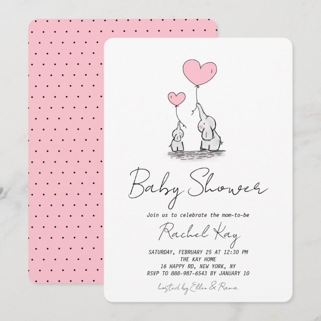 Pink Balloon Elephant Newborn Girl Baby Shower Invitation (Front/Back)