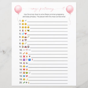Pink Balloon Emoji Pictionary Baby Shower Game