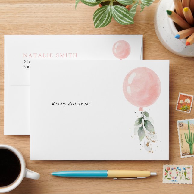 Pink Balloon, Eucalyptus, Greenery, Baby Shower Envelope (Desk)