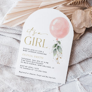 Pink Balloon, Eucalyptus, Greenery, Baby Shower Invitation