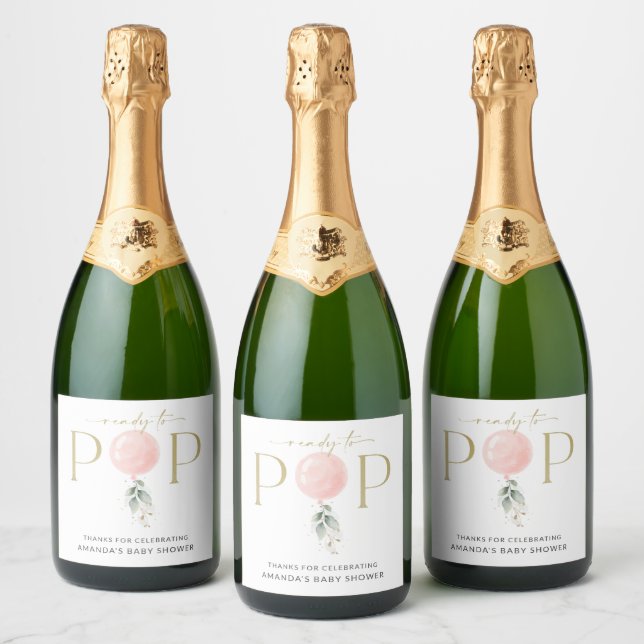 Pink Balloon, Eucalyptus, Greenery, Baby Shower Sparkling Wine Label (Bottles)
