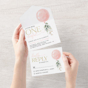 Pink Balloon, Eucalyptus, Greenery, First Birthday All In One Invitation