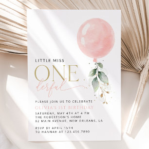 Pink Balloon, Eucalyptus, Greenery, First Birthday Invitation