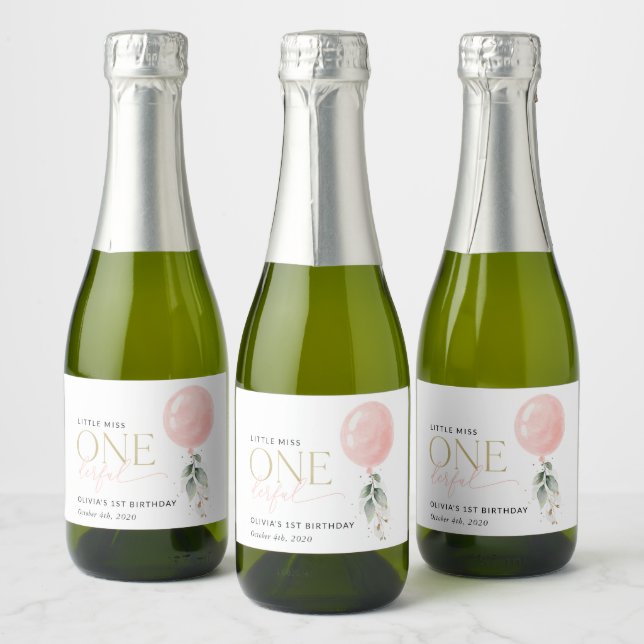 Pink Balloon, Eucalyptus, Greenery, First Birthday Sparkling Wine Label (Bottles)